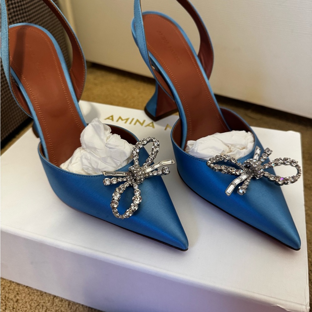 Amina Muaddi Blue Stiletto Heels with Crystal Bow